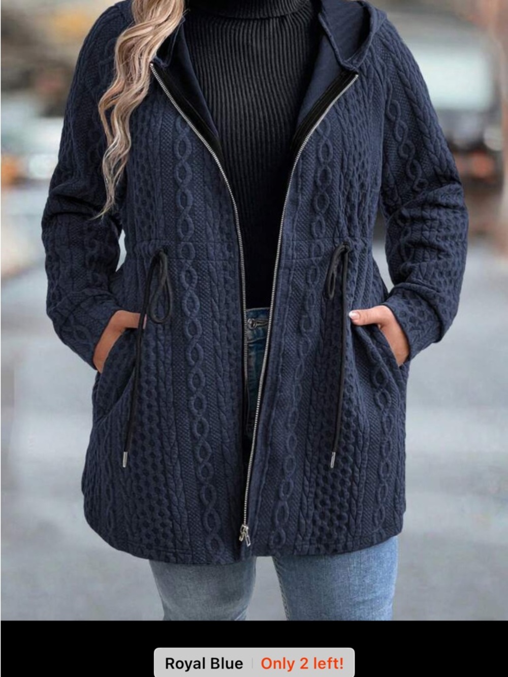 SHEIN Zip-Front Cable Knit Hooded jacket in Navy Blue